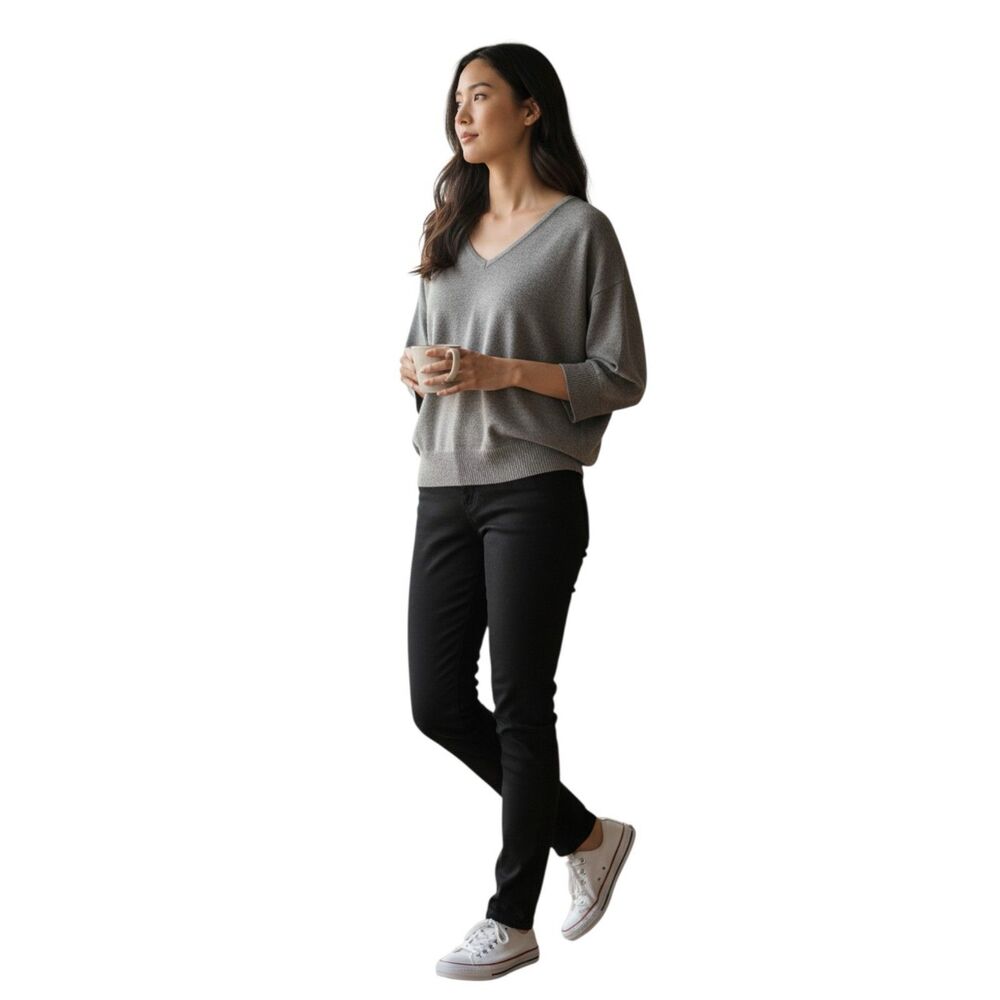 Gray Ribbed V-Neck Knit Sweater 3/4 Sleeve Women's Small